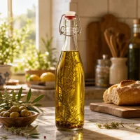 500ml Glasflasche Bügelverschluss befüllt mit Kräuteröl Rosmarин mediterrane Küche Aufbewahrung Gewürzöl