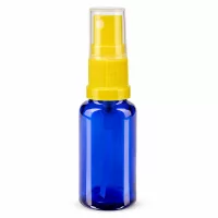 20ml Minitflasche aus blauem Schutzglas mit gelbem Sprühaufsatz und transparenter Kappe STD
