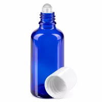 Blaue 50ml Rollerflasche aus hochwertigem Apothekenglas mit abnehmbarem weißem Schraubverschluss