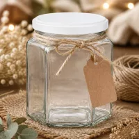 400g Honigglas hexagonal leer mit Kraftpapier-Anhänger und Juteschnur als Geschenkverpackung auf Naturtisch