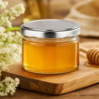 Einmachglas 540ml mit Honig befüllt auf Holzbrett, silber matter Deckel, dekoriert mit Blüten und Honiglöffel