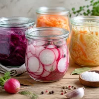 WECK Tulpenglas 370ml RR80 mit eingelegten Radieschen und fermentiertem Gemüse auf Holztisch mit Gewürzen
