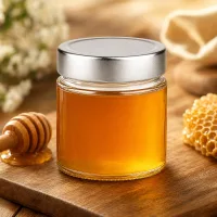 135ml Rundglas mit silbernem Deckel gefüllt mit Honig auf Holzbrett neben Honiglöffel und Waben Anwendungsbeispiel