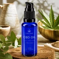 Schlanke kobaltblaue Apothekerflasche 30ml mit schwarzer Dosierpumpe seitlich beleuchtet