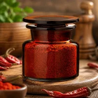 Luftdicht verschlossene Apothekerflasche Braunglas schützt aromatisches Chilipulver optimal