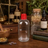Zylindrische 100ml Glasflasche UT18 roter Verschluss umgeben von getrockneten Heilpflanzen und Kräutern