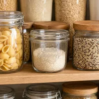 200ml Quattro Stagioni Schmuckglas mit Reis gefüllt in organisierter Vorratskammer mit anderen Aufbewahrungsgläsern