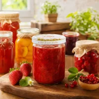 Le Parfait Honey Vorratsglas 212ml gefüllt mit roter Marmelade neben frischen Erdbeeren und anderen Einmachgläsern