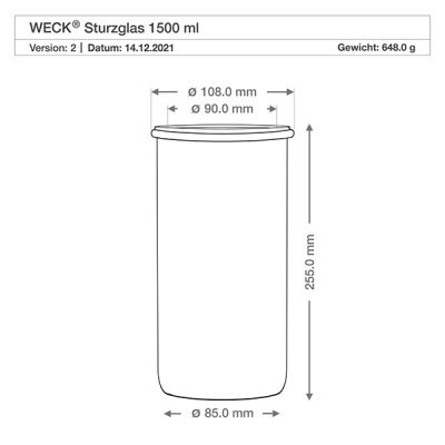 Technische Zeichnung WECK Sturzglas 1500ml RR100 mit Maßangaben, Durchmesser 108mm, Höhe 255mm, Gewicht 648g