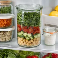 WECK Sturzglas 1000ml RR100 im Kühlschrank mit Salat-Meal-Prep neben anderen Vorratsgläsern mit Kichererbsen