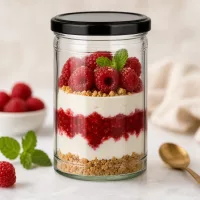 1053ml Sturzglas mit schwarzem Deckel als Dessertglas mit Himbeer-Schichtdessert und Keksboden dekoriert mit Minze