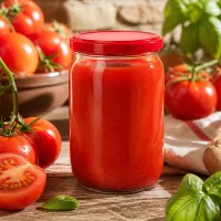 Selbst eingemachte Tomatensoße in 555ml UNiTWIST Rundglas mit rotem BasicSeal Schraubdeckel