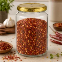 1000g Honigglas mit Bienenwaben-Deckel gefüllt mit Chilliflocken und Gewürzen auf Holztisch Küche Imkereibedarf