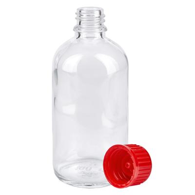 Kleine Klarglasflasche 100ml mit abgenommenem roten Schraubverschluss ClearLine