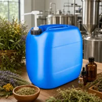 Tragbarer 30 Liter Kanister blau mit Pumpspender neben Bernsteinflaschen und getrockneten Kräutern