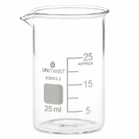 Becherglas niedrige Form 25ml UNiTWIST mit Schreibfeld und präziser Messskala aus Borosilikat