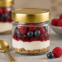 154ml Rundglas BasicSeal gold gefüllt mit Dessert Joghurt Beeren Blaubeeren Himbeeren Crumble Schichtdessert