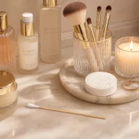 Wattestäbchen unsteril mit weißem Wattekopf und Bambusstiel im Beauty-Routine-Stillleben