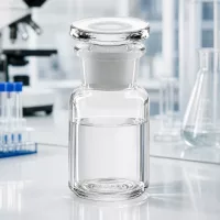 Professionelle Laborflasche 50ml Rundschulter Weithals klar mit halbgefülltem Glasinhalt