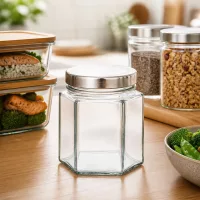 Kleines sechseckiges Glasbehälter 47ml UNiTWIST silbern für Gewürze und Lebensmittel