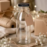 500ml Glasflasche mit Juteschnur und Geschenkanhänger dekoriert als Geschenkidee neben Bastelmaterial