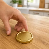 Flacher goldener Twist-Off Deckel 58mm TO58deep BasicSeal wird von Hand aufgenommen