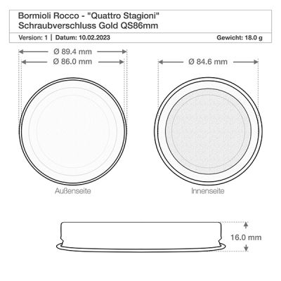 Technische Zeichnung Bormioli Rocco Quattro Stagioni Deckel QS86mm mit Maßangaben Durchmesser 89,4mm Gewicht 18g