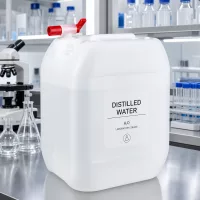 Laborkanister 10L mit Beschriftung Distilled Water und rotem Kunststoffhahn Frontansicht