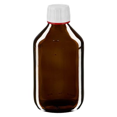 250ml Medizinflasche braun, Verschluss weiß mit Originalitätsring rot ApoGlas
