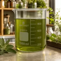 UNiTWIST Becherglas 1000ml Boro3.3 niedrige Form gefüllt mit grünem Naturextrakt im Kräuterlabor
