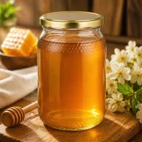 Honigvolles 900ml Glas mit goldenem UNiTWIST Deckel in natürlicher Ambiente mit Blüten und Honigwaben