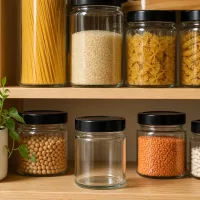 Kompakte 135ml Rundgläser mit Schraubdeckel schwarz für strukturierte Küchenlagerung
