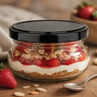 120ml Terrinenglas gefüllt mit Erdbeer-Dessert und Streuseln, schwarzer Deckel, Schichtdessert im Glas servierfertig