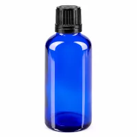 UV-schützende blaue 50ml Apothekerflasche Glas mit schwarzem 8mm Verschluss lichtgeschützt