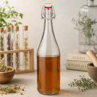 750ml Glasflasche Bügelverschluss mit Kräutertee befüllt Heilkräuter Botanik Stilleben natürliche Zutaten