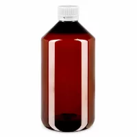Nachhaltige 750ml Pharmaflasche aus PET bernsteinfarben mit weißem Originalverschluss