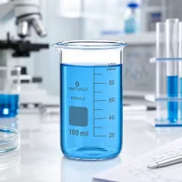 Professionelles Laborbecherglas 100ml hohe Form UNITWIST neben Mikroskop und Reagenzgläsern