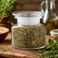Rundbauchiges Gewürzglas Weithals 100ml Klarglas mit getrockneten Gartenkräutern befüllt