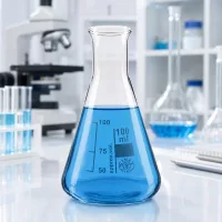 Erlenmeyerkolben 100ml Enghals gefüllt mit azurblauer Lösung für chemische Versuche