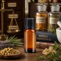 Präzisions-Tropfflasche 1mm Öffnung 10ml Apothekerglas im historischen Kräuterapotheken-Setting