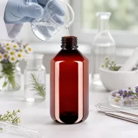 Braune PET Verpackungsflasche 500ml mit OV umgeben von Kräutern und Laborglas