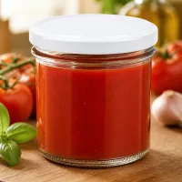 Sturzglas UNiTWIST 125ml mit weißem Deckel auf Holzbrett umgeben von frischen Tomaten und Basilikum