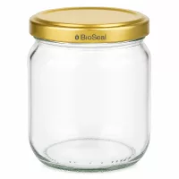 500g Honigglas leer mit goldenem BioSeal Schraubdeckel für Honig und Marmelade