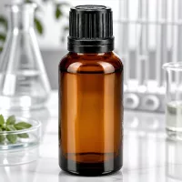 Kompakte 20ml Apothekerflasche aus braunem Schutzglas mit schwarzem Sicherheitsverschluss