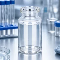 Injektionsflasche Klarglas 10ml im GMP-Labor neben Zentrifugenröhrchen und Petrischalen