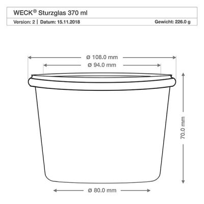 WECK Sturzglas 370ml RR100 technische Zeichnung Maße Abmessungen 108mm Durchmesser 70mm Höhe Produktspezifikation