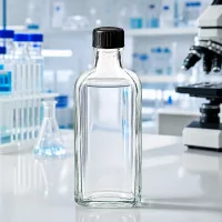 Gerippte Klarglasflasche Meplat 100ml mit schwarzem Schraubdeckel für chemische Reagenzien