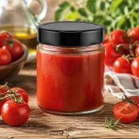 Kompaktes 135ml Rundglas von UNiTWIST mit schwarzem Metalldeckel für Tomatenprodukte