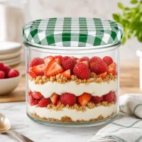 225ml Sturzglas mit grün-weißem Karodeckel als Dessertglas für Schichtdessert mit Beeren und Sahne
