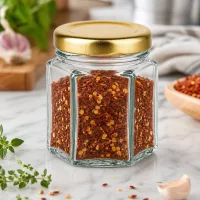 60g Honigglas hexagonal mit Chilliflocken gefüllt auf Marmortisch mit Kräutern und goldenem BasicSeal Deckel